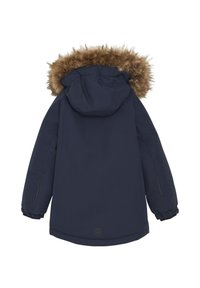 Mörkblå parka med faux pälsfoder på huvan, elastiska ärmslut, sidofickor och en logotypdetalj vid fållen. Slät, vattenavvisande material.
