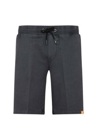 Costumi da bagno grigio scuro con vita regolabile da cordoncino, texture morbida, lunghezza fino a metà coscia e una piccola etichetta arancione del marchio sul lato.