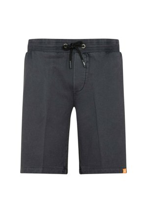 Costumi da bagno grigio scuro con vita regolabile da cordoncino, texture morbida, lunghezza fino a metà coscia e una piccola etichetta arancione del marchio sul lato.