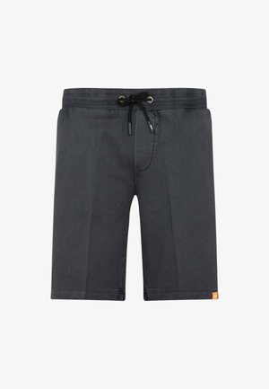 Costumi da bagno grigio scuro con vita regolabile da cordoncino, texture morbida, lunghezza fino a metà coscia e una piccola etichetta arancione del marchio sul lato.