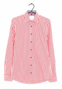 Rood-witte gestreepte overhemd met lange mouwen, een button-down kraag, zwarte knopen en gestreepte manchetten, gemaakt van een gladde stof.