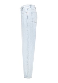 Light blue denim jeans with a straight leg design, high waist, and single back pocket. Features a classic button and zipper closure.