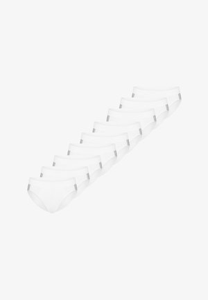 Tien paar witte katoenen slips, met een gladde textuur, een low-rise ontwerp en een elastische tailleband met subtiele grijze accenten.