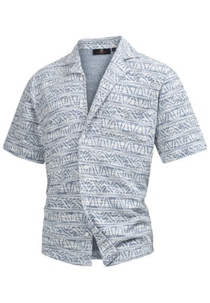 Lightweight short-sleeve shirt in blue and white with a geometric pattern, featuring a button front and single chest pocket.