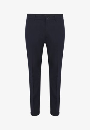 Mornarsko modri prilagojeni hlače iz gladkega blaga, z gumbom za zapiranje, sprednjimi žepi in zavitimi robovi. Slim-fit zasnova s čistimi linijami.