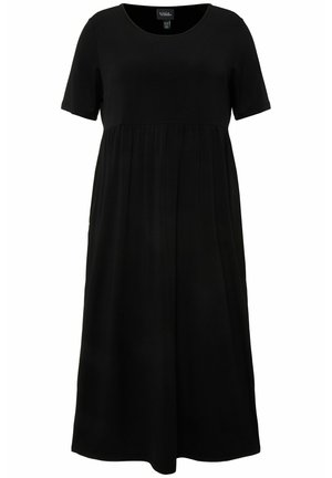 Zwart kortgeknipt jurkje met een ronde halslijn. Heeft een geplooide taille voor een vloeiende silhouet, gemaakt van een gladde, lichte stof.