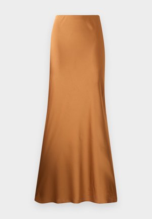 Bruine satijnen maxi rok met een aansluitende taille en een uitlopende onderkant. Gladde textuur met een effen kleur, geen patronen of zichtbare hardware.