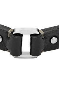 Bracciale in pelle nera con chiusura metallica a apertura rettangolare, accentuato da cuciture grigie e hardware argentato.