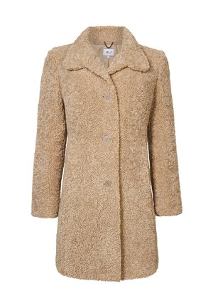 Beige, donzige jas van gestructureerde stof, met een gesneden kraag, een knoopsluiting aan de voorkant en lange mouwen. Eenvoudig ontwerp zonder patronen.