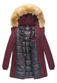 Bordo parka su nuimamu dirbtinio kailio gobtuvu, pilku pasiuvimu viduje ir vidiniu kišeniu. Išoriniai mygtukai ir užtrauktukas.