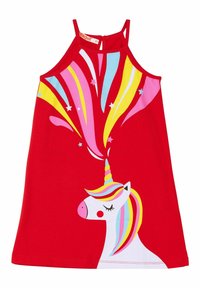 Vestido de niña pequeño en color rojo con un gráfico colorido de un unicornio, melena arcoíris y estrellas que emanan del cuerno del unicornio.