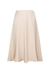 Jupe midi beige en ligne A avec tissu lisse et détails subtils de coutures, présentée sur un fond blanc uni.