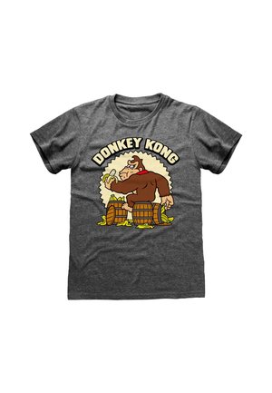 T-shirt grigia in cotone con una grafica di Donkey Kong, con barili e banane, delineata in beige e con il testo nero che recita "DONKEY KONG."