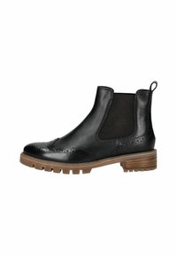Czarne skórzane botki typu Chelsea z detalami w stylu brogue, elastycznymi panelami bocznymi i teksturowaną brązową gumową podeszwą. Posiadają pętlę ułatwiającą zakładanie.