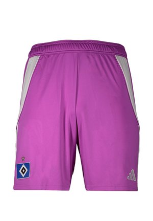 Pantaloncini sportivi viola con pannelli laterali bianchi, un piccolo logo nero e blu con una stella sulla gamba sinistra e un logo Adidas sulla gamba destra.