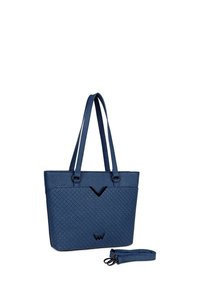 Blue textured tote bag with two handles, a V-shaped cutout detail on the front, and a detachable strap. Features a smooth, structured shape.
