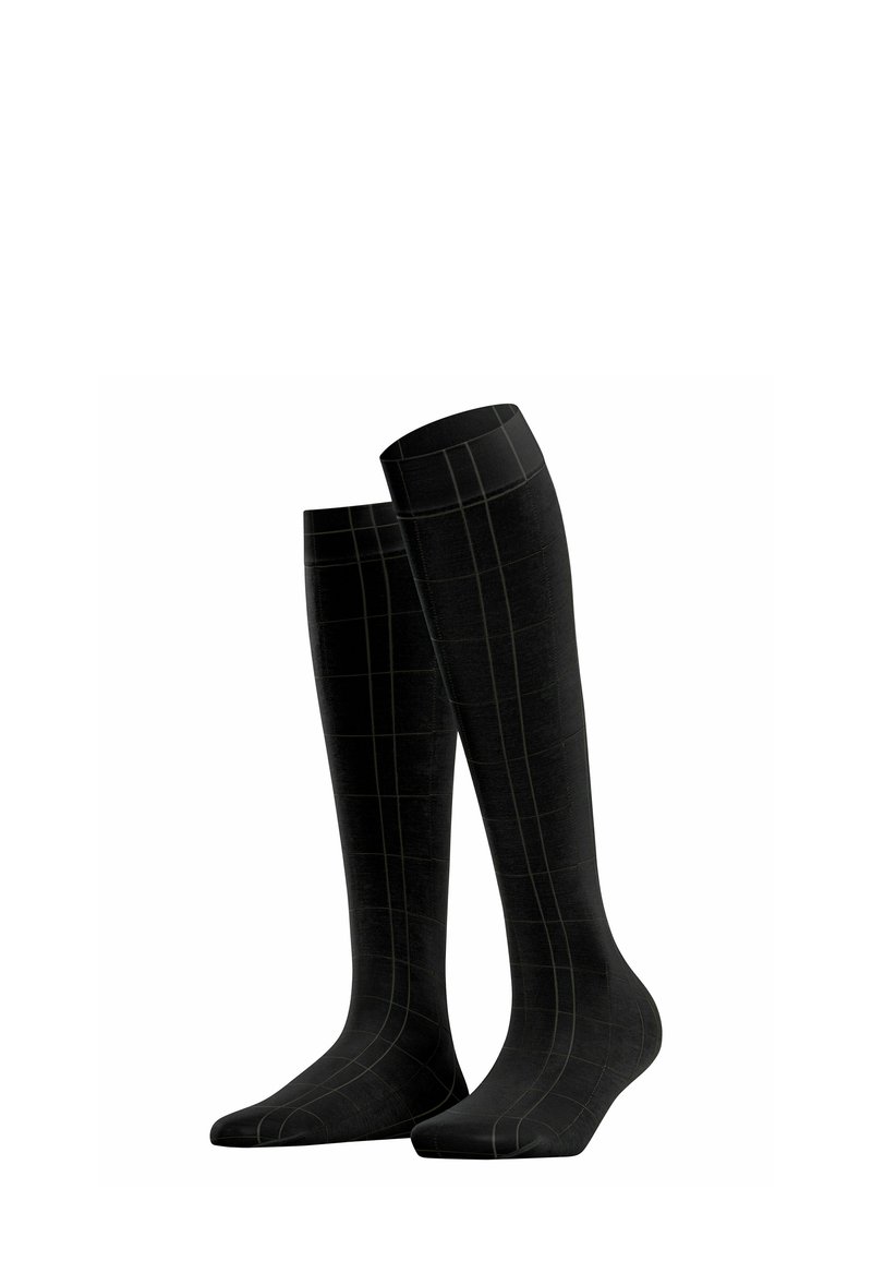 Czarne skarpetki do kolan z teksturowanym wzorem w ciemnozielonym kolorze. Gładki materiał z wzmocnionymi palcami dla większej trwałości.