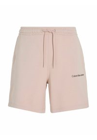 Shorts de mezcla de algodón en rosa claro, con cinturilla elástica y cordón, que cuentan con un pequeño logo negro de "Calvin Klein Jeans" en el lateral.