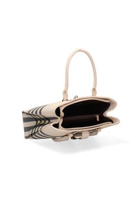Borsa tote beige con motivo a righe, due scomparti, materiale sintetico, manici in pelle e una tasca interna con zip.