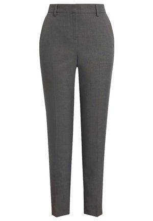 Dunkelgraue, maßgeschneiderte, gerade geschnittene Hose mit Gürtelschlaufen, vorderen Nahtdetails und tailliertem Bund.