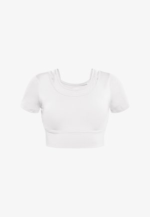 Witte cropped top gemaakt van een glad materiaal, met korte mouwen en een ronde halslijn met twee gelaagde banden voor extra detail.