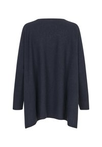 Dunkelblauer, übergroßer Pullover mit weitem Ausschnitt, langen Ärmeln und strukturiertem Finish. Hat eine lockere Passform und seitliche Schlitze am Saum.