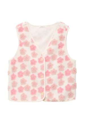 Hvid ærmeløs vest med bløde lyserøde og beige teksturerede blomsterprint og tre knapper foran.