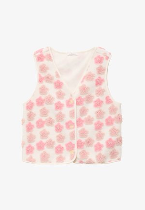 Hvid ærmeløs vest med bløde lyserøde og beige teksturerede blomsterprint og tre knapper foran.