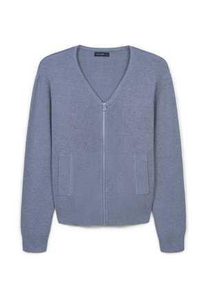 Helles grauer Cardigan mit V-Ausschnitt, vollem Reißverschluss, gerippten Bündchen und zwei Seitentaschen. Hergestellt aus weichem Strickmaterial.