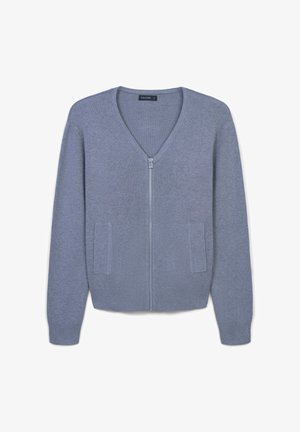 Helles grauer Cardigan mit V-Ausschnitt, vollem Reißverschluss, gerippten Bündchen und zwei Seitentaschen. Hergestellt aus weichem Strickmaterial.