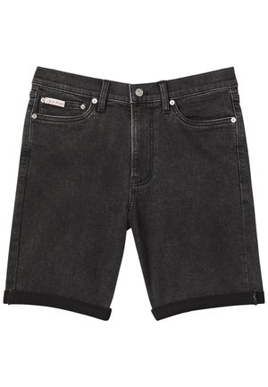 Shorts en denim noir avec ourlets roulés, bouton et fermeture éclair à l'avant, cinq poches, et une petite étiquette logo Calvin Klein sur la poche avant droite.