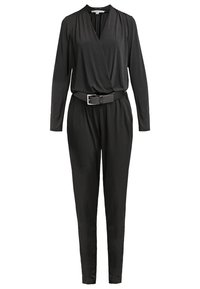 Combinaison noire avec un décolleté en V drapé, des manches longues et une taille ceinturée. Tissu lisse, jambes fuselées et détails de couture minimaux.