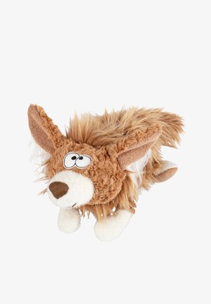 Brown plush toy resembling a fox, with large eyes, a fluffy mane, soft ears, and white accents on the muzzle and paws.
