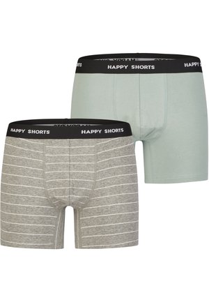 Kahdet miesten bokserit, joissa on mustat vyötärönauhat tekstillä "HAPPY SHORTS," – toiset yksiväriset vaaleanvihreät ja toiset harmaat ohuilla valkoisilla raidoilla.