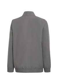 Veste grise avec col montant, bas élastiqué et manches longues. Tissu lisse avec un design simple et épuré. Pas de matériel ou de motifs visibles.