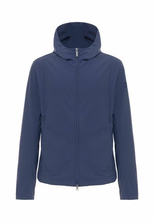 Lahka temno modra jakna s kapuco, sprednjim zadrgo in dvema stranskima žepoma. Gladek material in minimalističen dizajn brez okraskov.