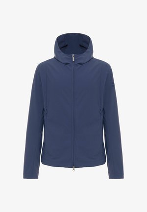 Lahka temno modra jakna s kapuco, sprednjim zadrgo in dvema stranskima žepoma. Gladek material in minimalističen dizajn brez okraskov.