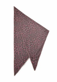 Écharpe en imprimé léopard dans des teintes de rose et de noir, de forme triangulaire avec une texture douce et des bords surjetés. Présente un motif animal audacieux.