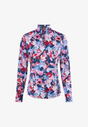 Blusa a stampa floreale con maniche lunghe, caratterizzata da uno sfondo blu navy e un mix di fiori rossi, rosa e blu. Chiusura frontale con bottoni e colletto.