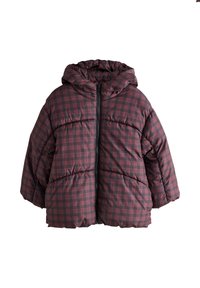 Doudoune à capuche, présentant un motif à carreaux bordeaux et noir. Fabriquée en matière matelassée avec une fermeture éclair à l'avant.