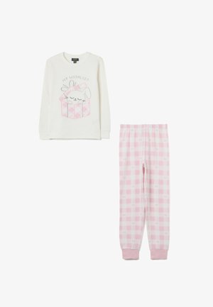 Langsleeve top in crème met een konijnafbeelding en de tekst "MIJN WENS LIJST", gecombineerd met roze geruite pyjamabroek met kleine strikpatronen.