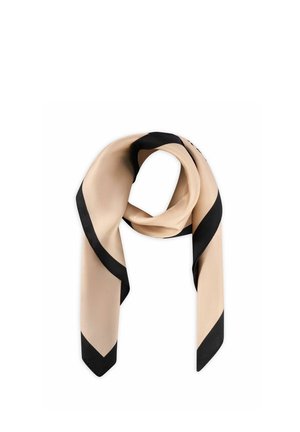 Beżowy jedwabny szalik z szerokimi czarnymi ukośnymi obwódkami, miękko złożony i ułożony na białym tle.