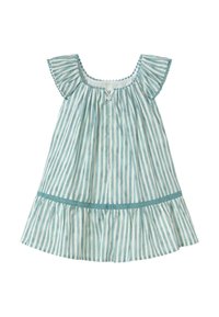 Abito in cotone a righe con maniche volant, caratterizzato da righe verticali blu chiaro e scuro, corpetto arricciato e orlo a più strati.