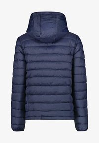 Navyblauwe gewatteerde jas met capuchon, met een gequilt ontwerp, een zachte textuur en gestikte details, gezien van de achterkant.