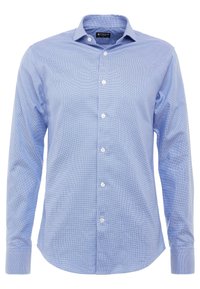 Camicia azzurro chiaro a maniche lunghe con bottoni, caratterizzata da un motivo a quadretti, tessuto morbido, colletto classico e bottoni bianchi sul davanti.