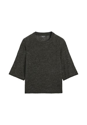 Mørkegrå kortærmet sweater lavet af blødt strikmateriale med rund halsudskæring og en afslappet, boxy pasform. Minimalistisk design uden synlige mønstre.