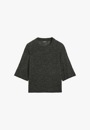 Dark gray short-sleeve sweater made of soft knit material with a round neckline and a relaxed, boxy fit. Minimal design, no visible patterns.