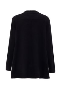 Černý pletený cardigan s volným střihem, který má detail švu na zádech a žebrované lemy. Dlouhé rukávy a zaoblený dolní okraj.