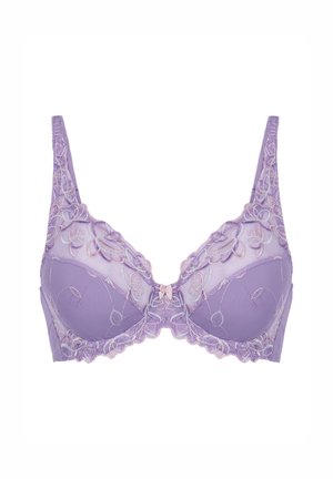 Lavender bra with floral lace embroidery, sheer cups, and a decorative bow at the center. Adjustable straps for fit and support.