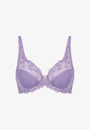 Lavendelfarbenes Bustier mit floraler Spitzenstickerei, transparenten Cups und einer dekorativen Schleife in der Mitte. Verstellbare Träger für einen optimalen Sitz und Unterstützung.